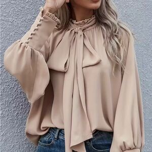 New Tan Long Sleeve Blouse with Tie Front and Mock Ruffle Collar